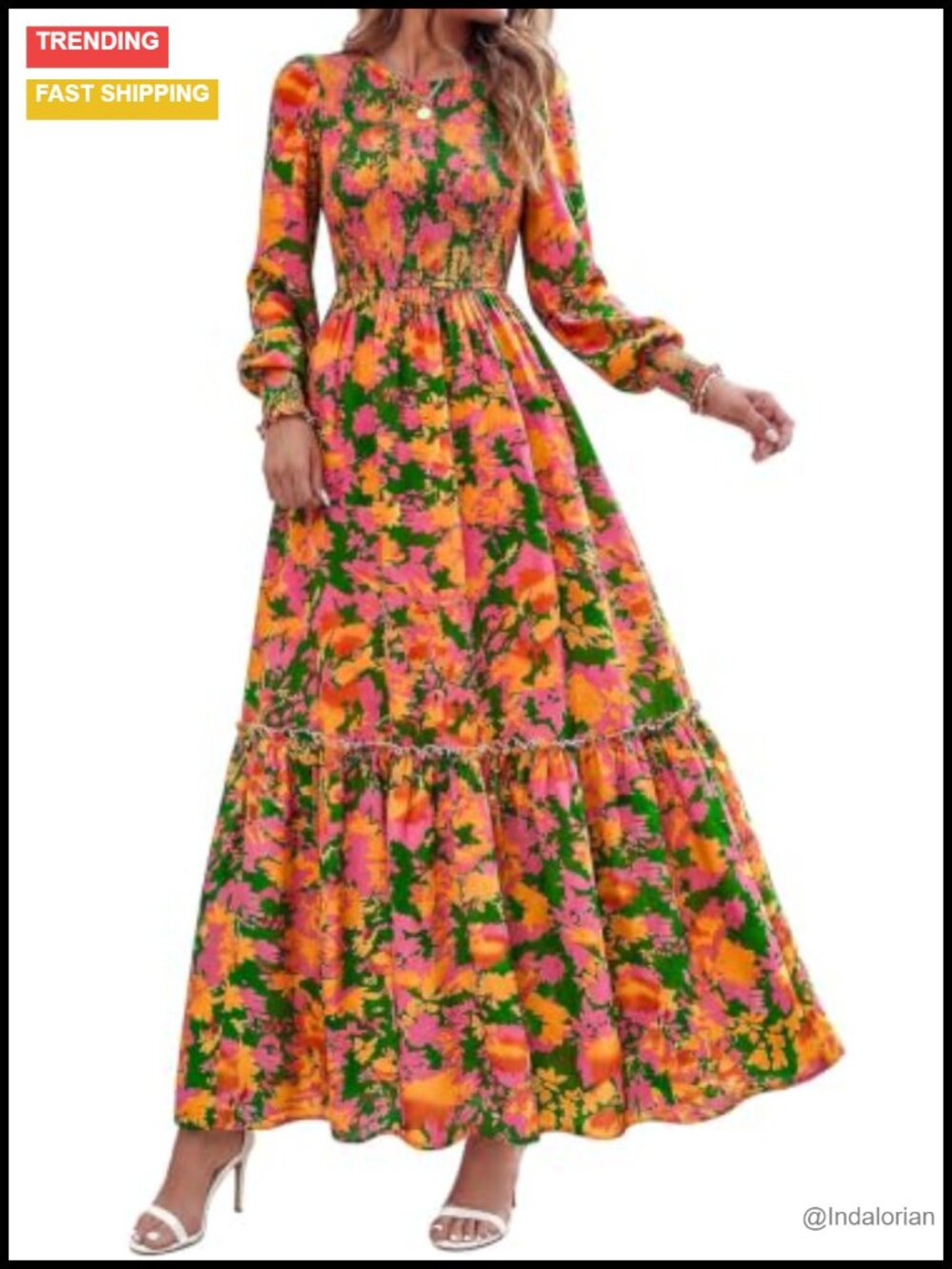 Womens Long Sleeve Floral Maxi Dress with Pockets Fall Casual